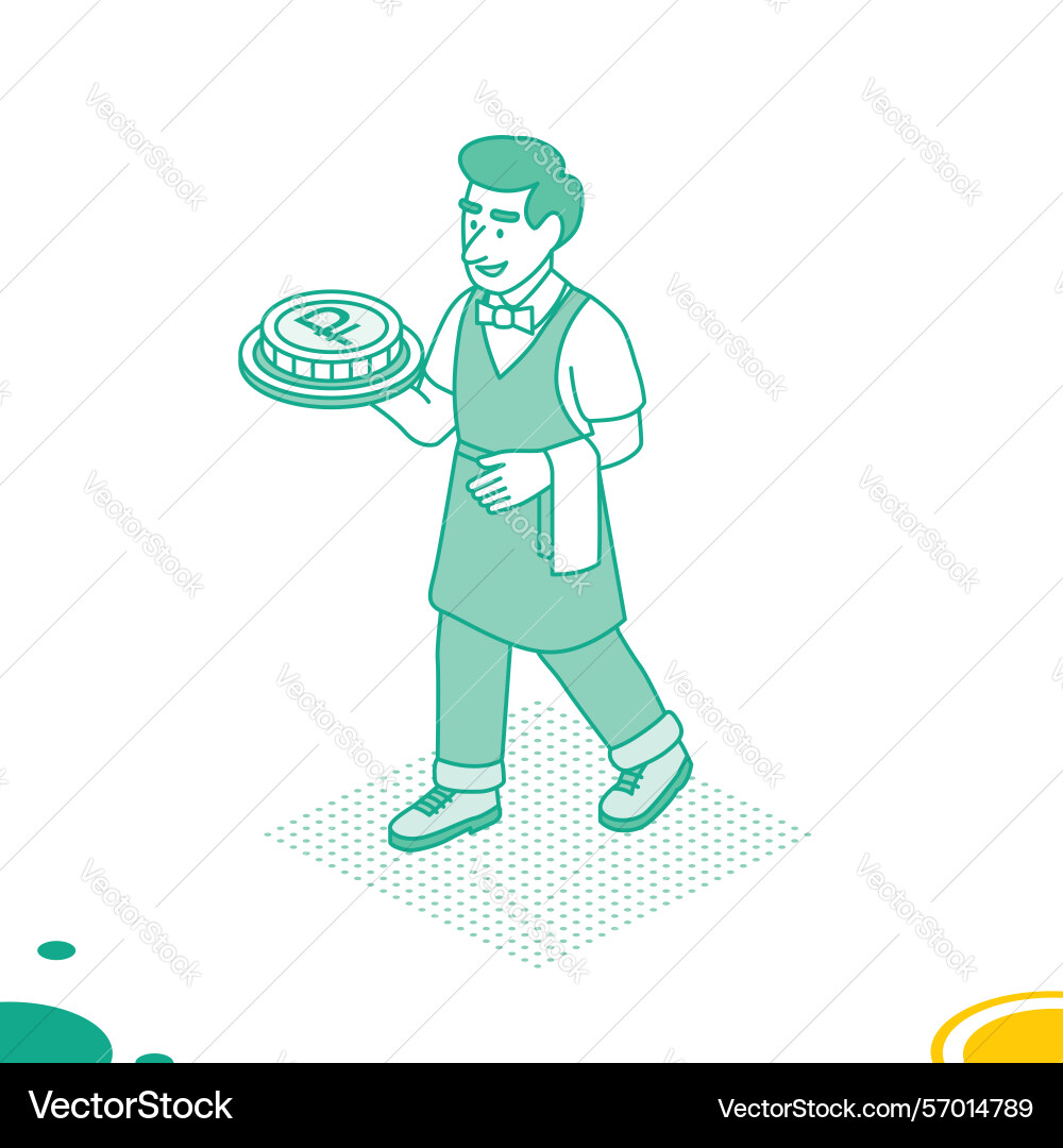Smiling waiter carrying a tray with rouble coin Smiling waiter carrying a tray with rouble coin vector image