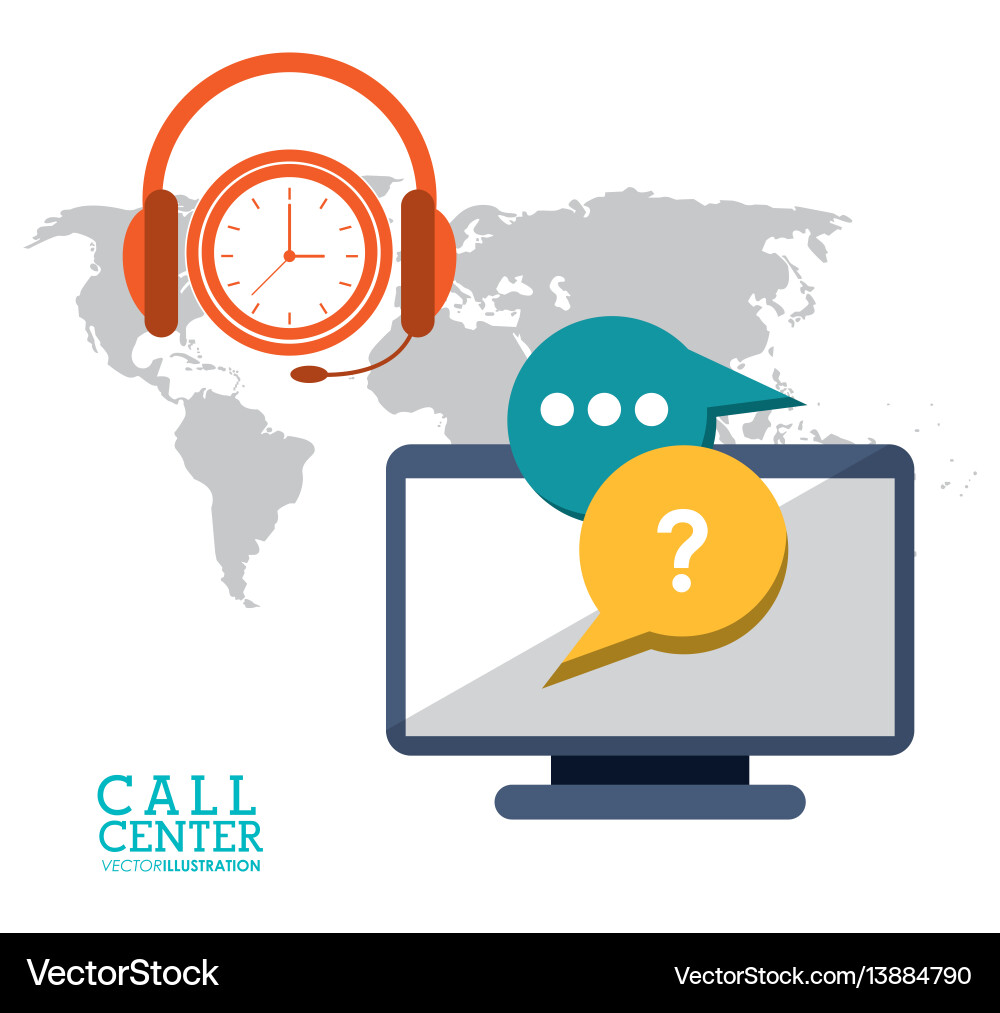 Call center computer clock headset Call center computer clock headset Vector Image