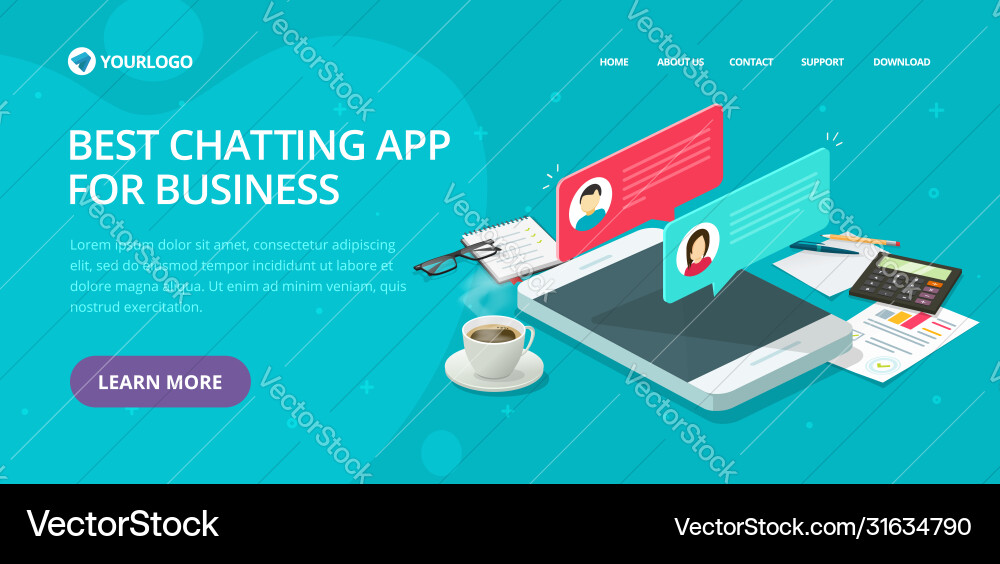 Chat text messaging app website template design Chat text messaging app website template design vector image