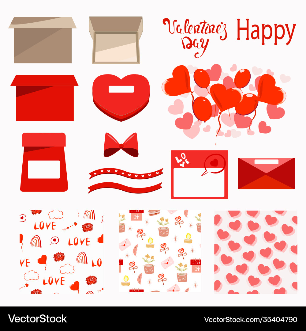 Set for february 14 with patterns and boxes Set for february 14 with patterns and boxes Vector Image