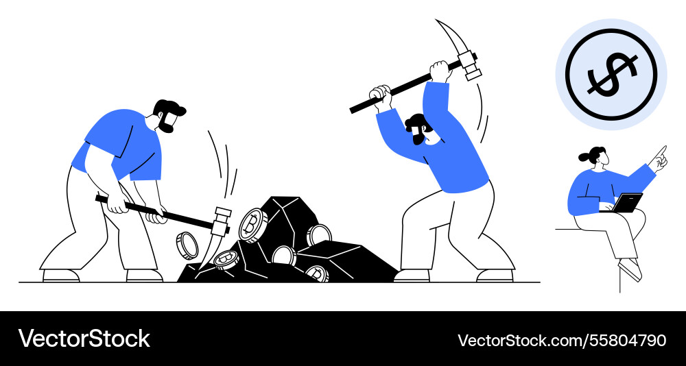 Workers mining for resources with pickaxes while Workers mining for resources with pickaxes while vector image