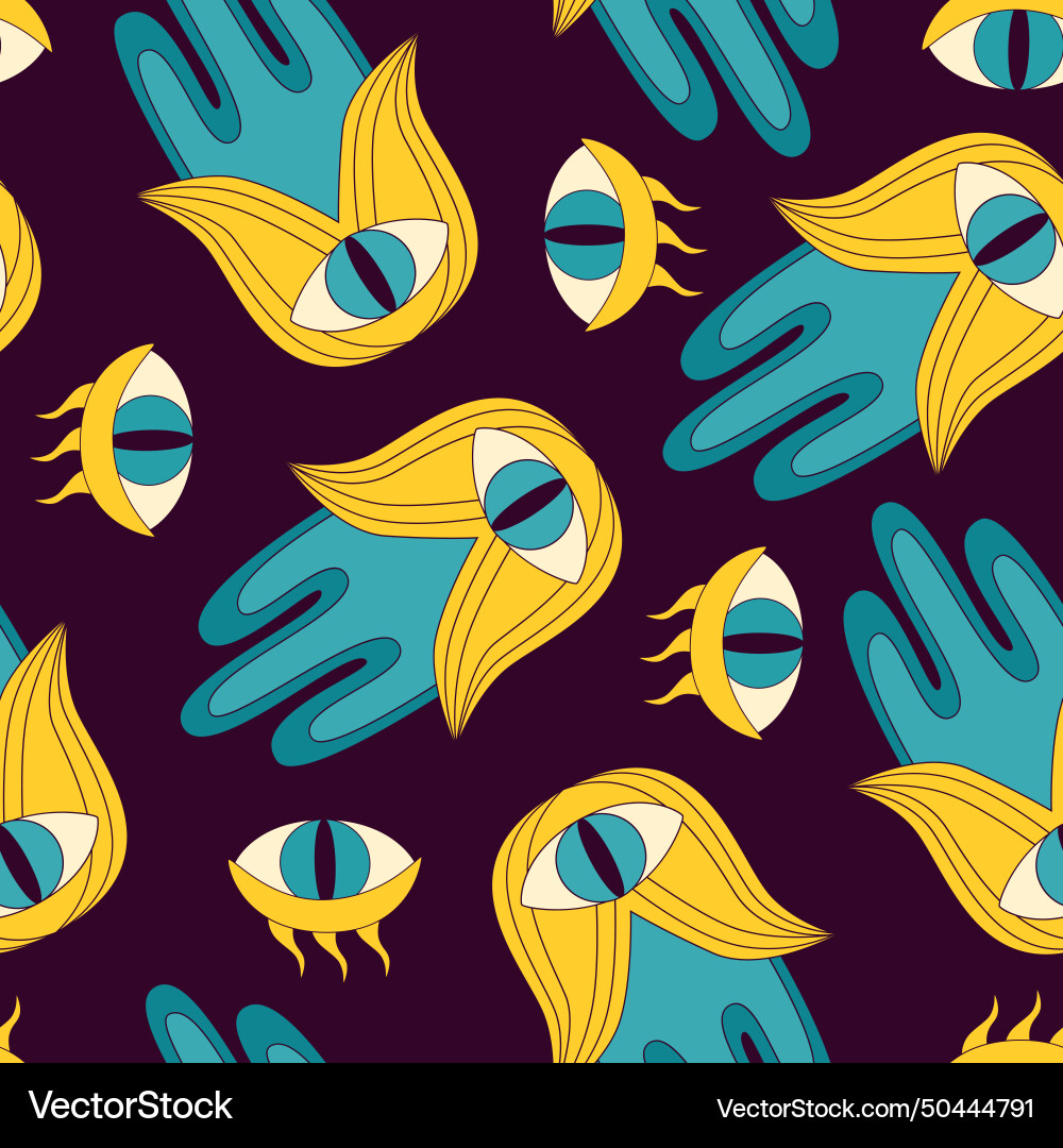 1970 style esoteric seamless pattern with hamsa 1970 style esoteric seamless pattern with hamsa vector image
