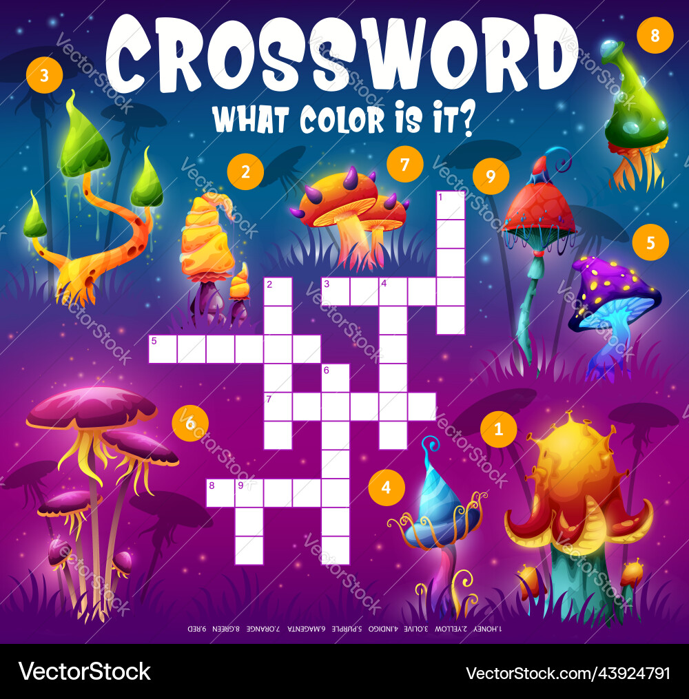 Crossword grid with find mushroom cap color game Crossword grid with find mushroom cap color game vector image