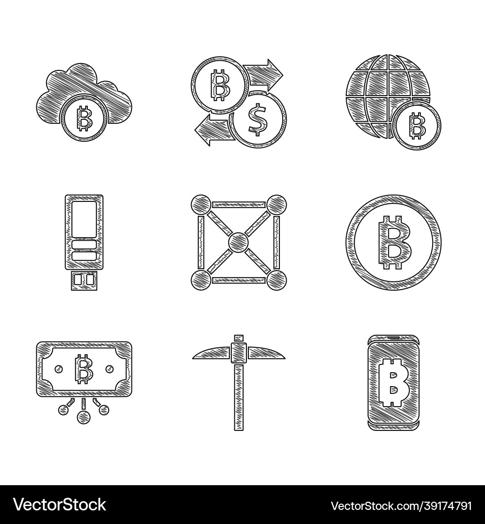 Set blockchain technology pickaxe mining bitcoin vector image