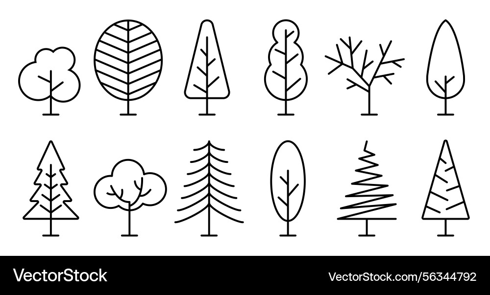 Collection of simple tree line icons showing vector image