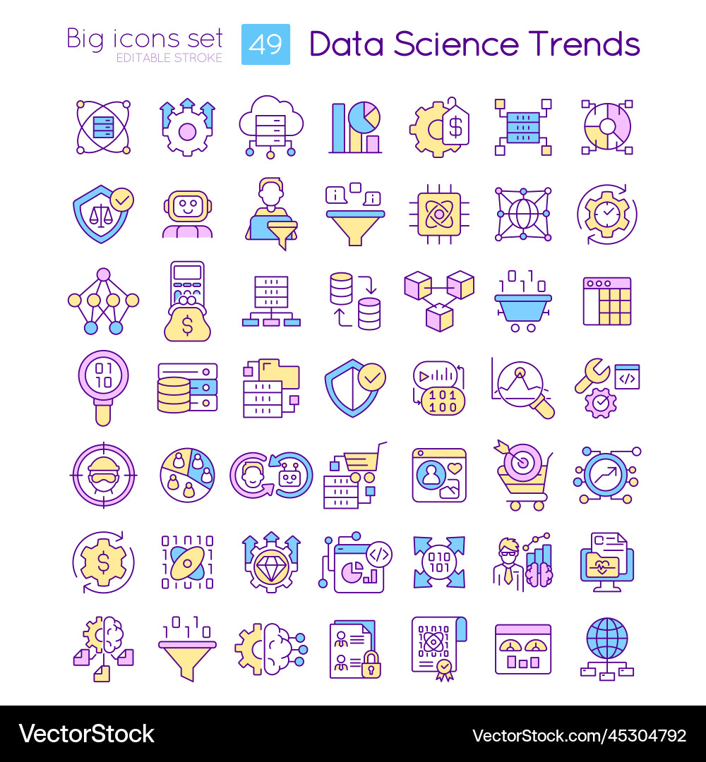 Data science trends rgb color icons set Vector Image