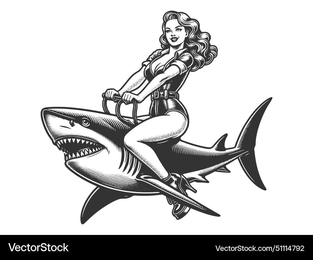 Pinup girl riding shark engraving Royalty Free Vector Image
