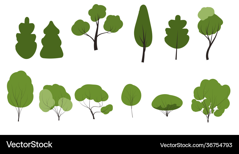Set green trees cartoon flat style nature icon Set green trees cartoon flat style nature icon vector image