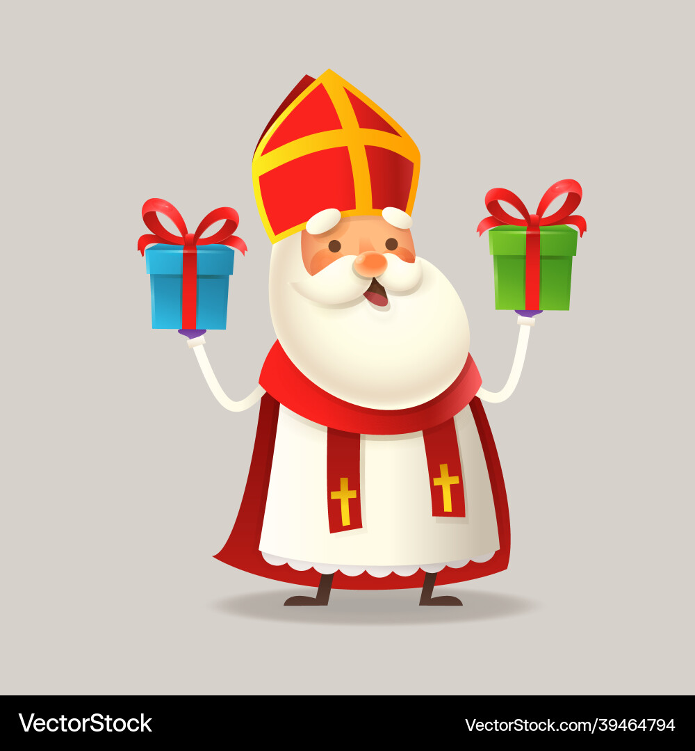 Cute saint nicholas or sinterklaas with two gifts Cute saint nicholas or sinterklaas with two gifts vector image