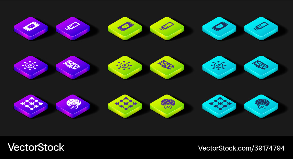 Set blockchain technology globe bitcoin video Vector Image