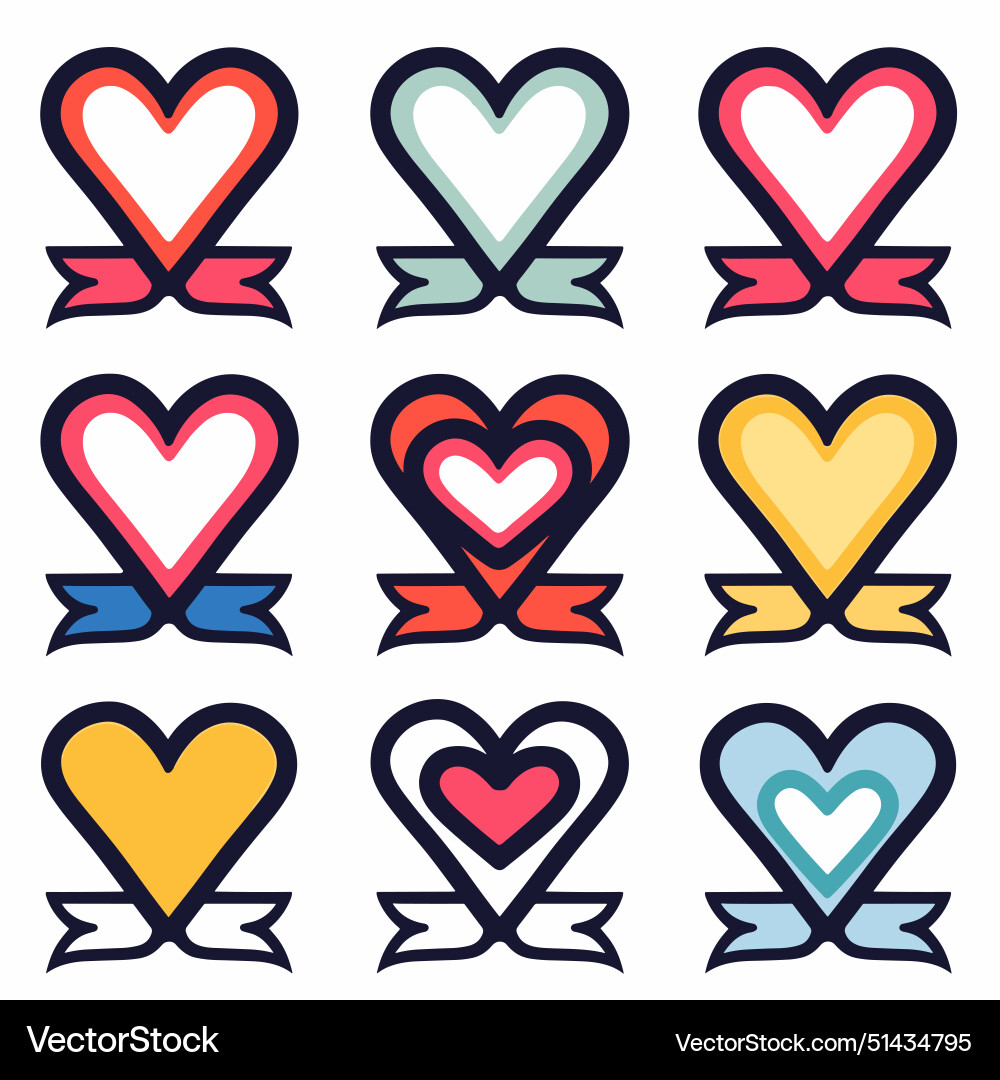 Nine colorful hearts paired ribbon lineart style Nine colorful hearts paired ribbon lineart style vector image