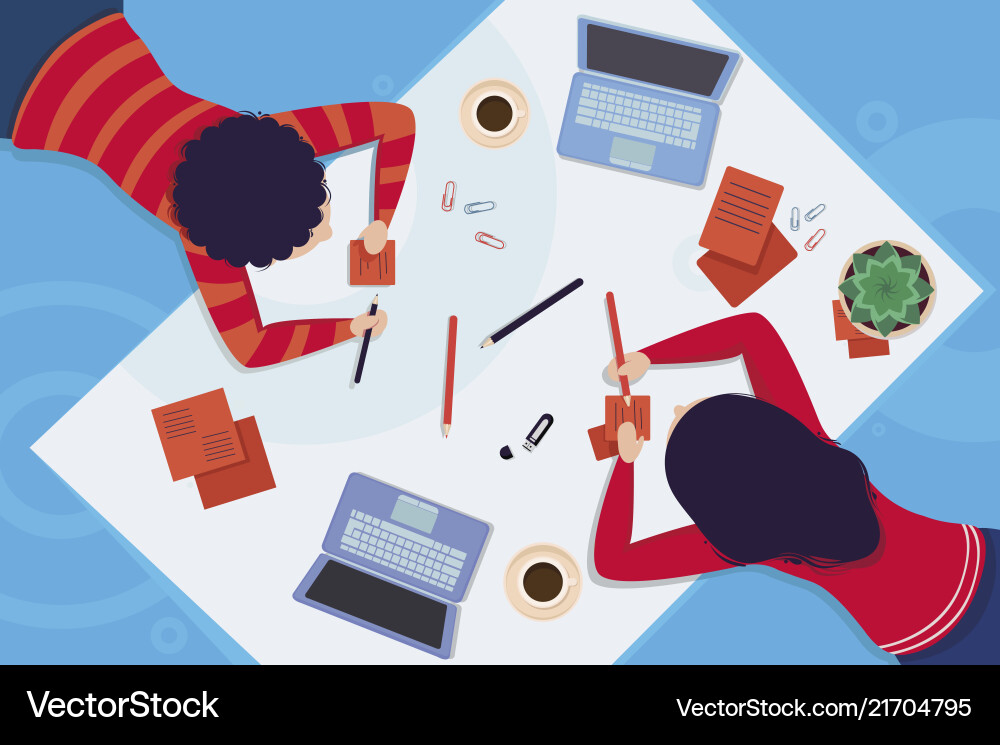 Team work with project view from above Team work with project view from above vector image