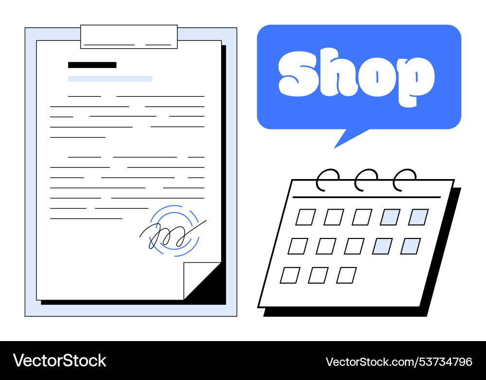 Document with signature next to calendar and shop Document with signature next to calendar and shop vector image