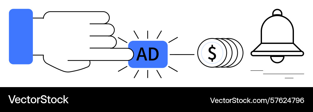 Hand clicking ad button with coin stack vector image