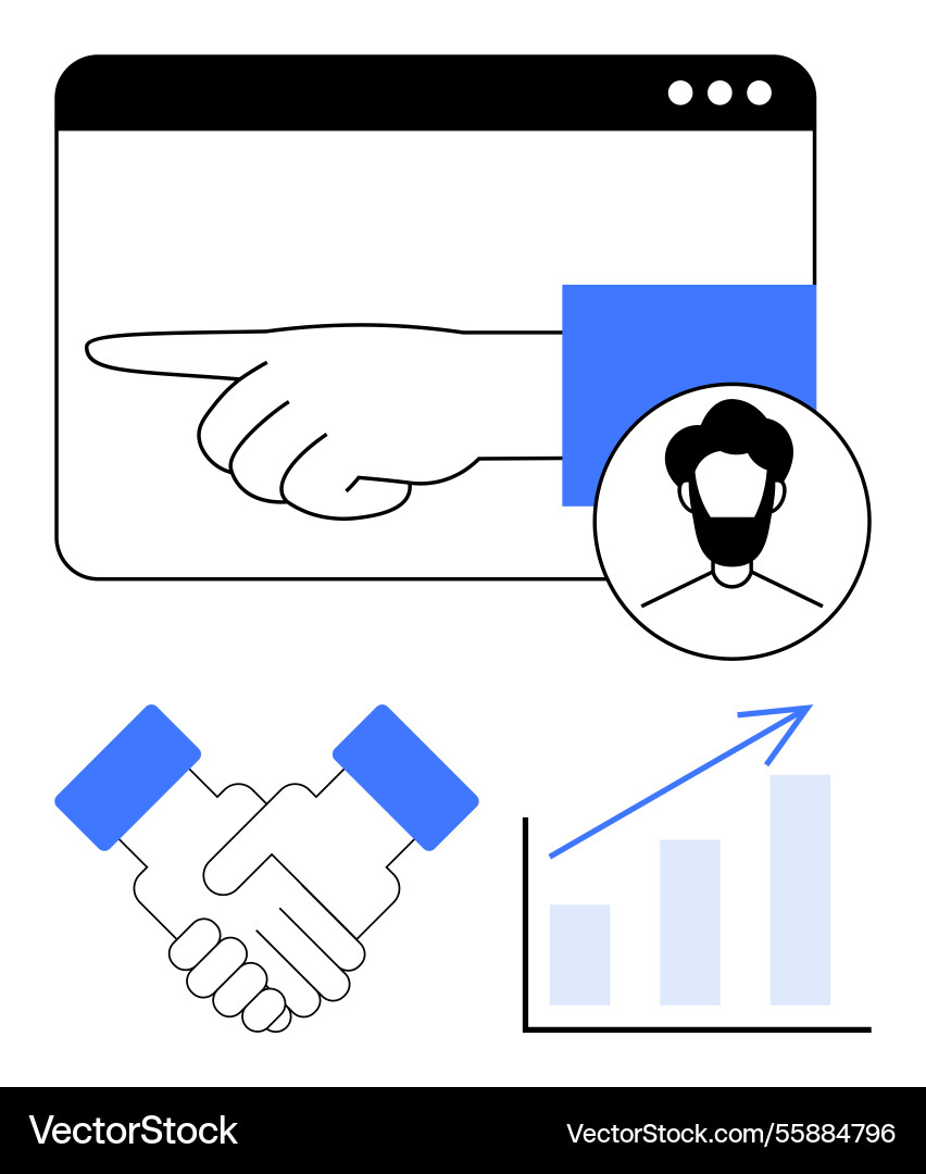 Hand pointing in browser window with handshake Hand pointing in browser window with handshake vector image