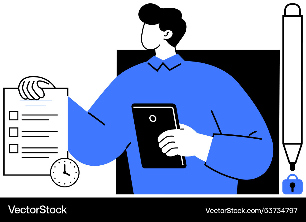 Businessperson analyzing documents and using Businessperson analyzing documents and using vector image