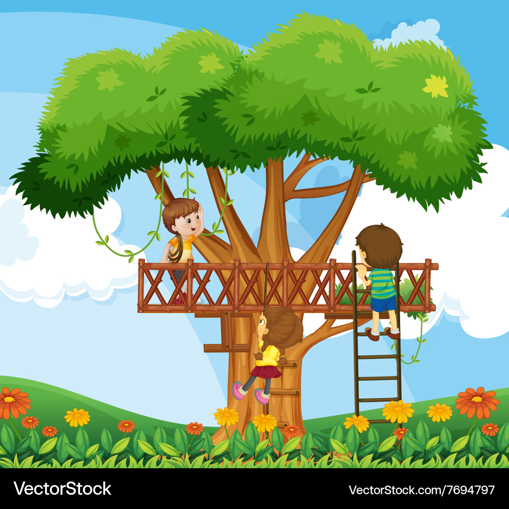 Children climbing up the tree in garden Royalty Free Vector