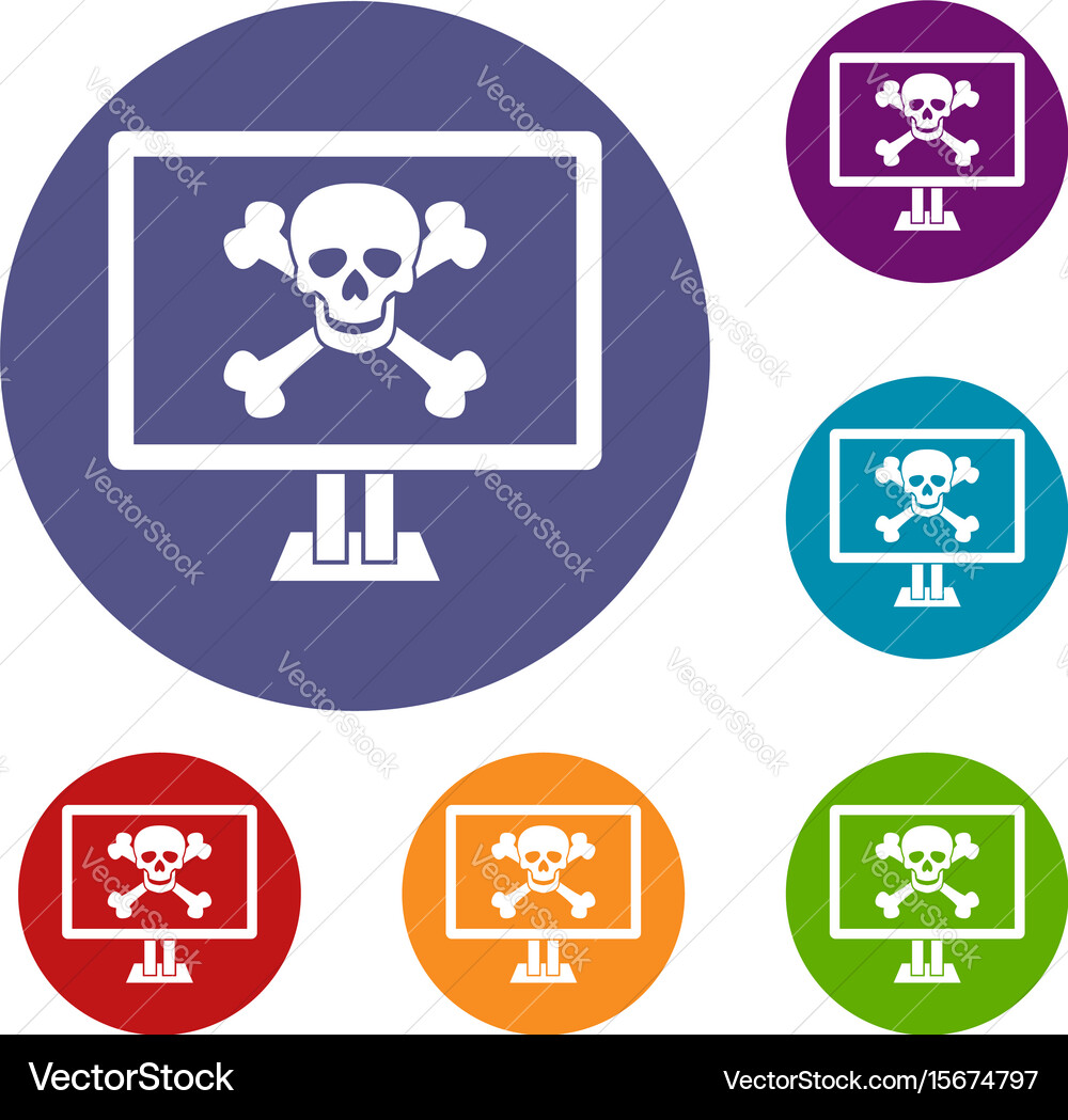 Computer monitor with a skull and bones icons set vector image