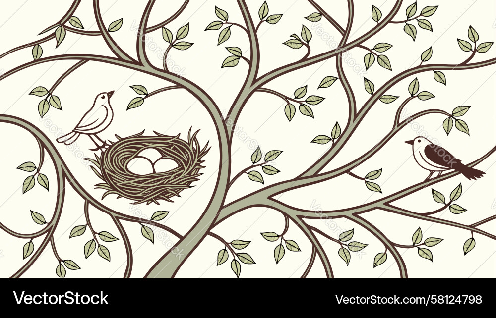 Detailed Branch with Bird and Nest Vector Image