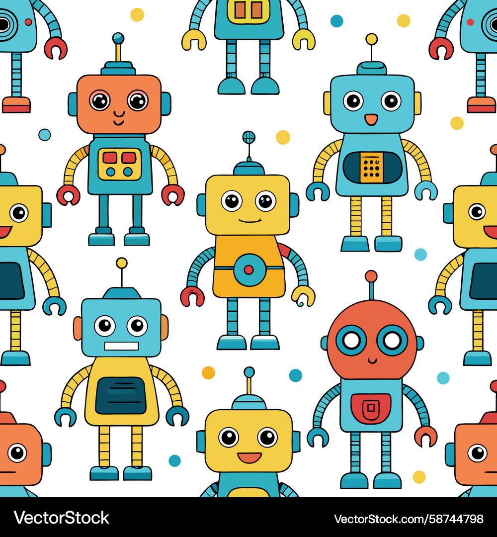 Seamless pattern of colorful cartoon-style robots Seamless pattern of colorful cartoon-style robots Vector Image