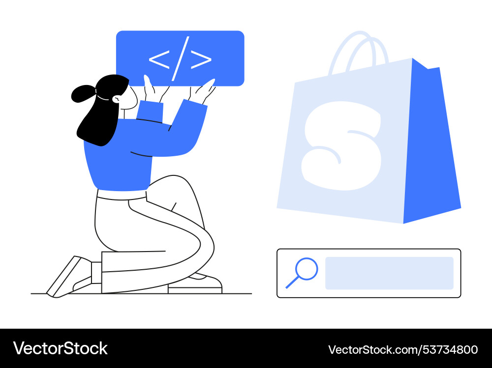 Female coder with shopping bag and search bar vector image