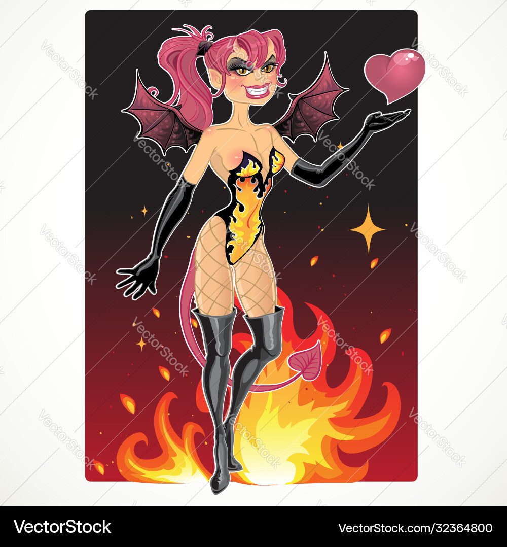Pretty young devil girl on hot fire background – Royalty-Free Vector |  VectorStock, image size:1000x1078