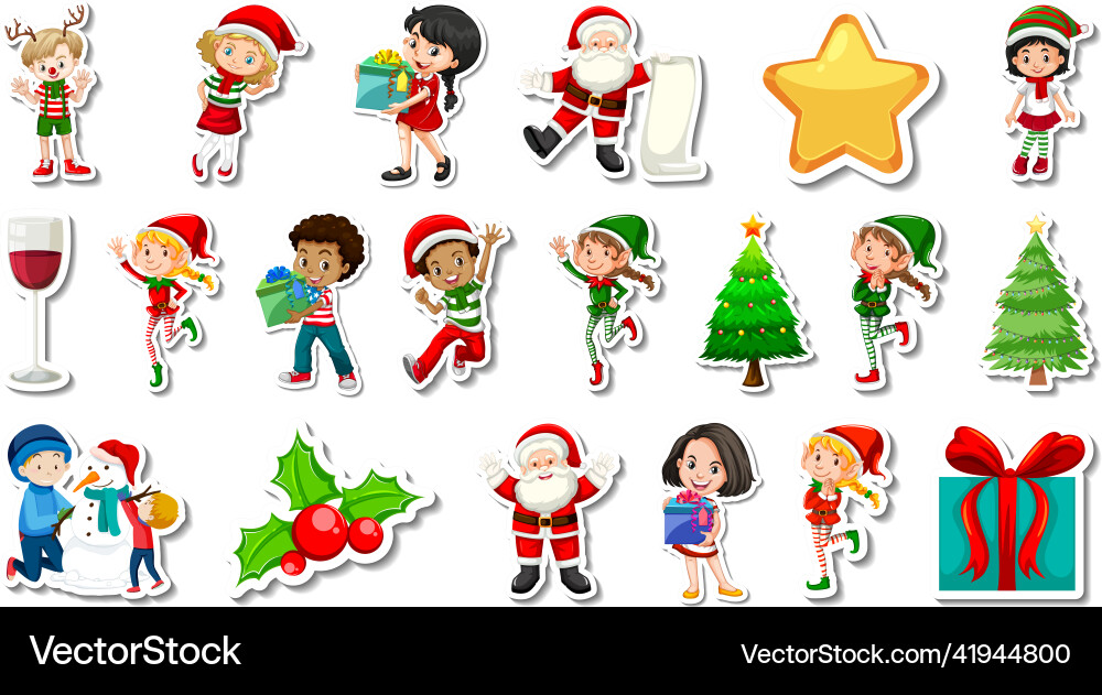 Set of christmas objects and cartoon characters Vector Image