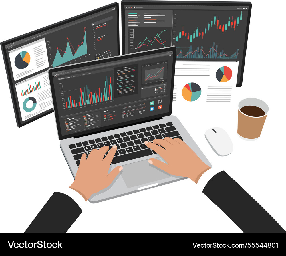 A person working at desk with multiple screens A person working at desk with multiple screens vector image