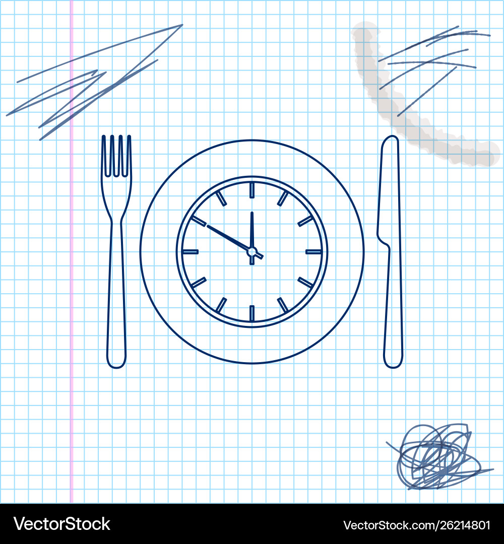 Plate with clock fork and knife line sketch icon Plate with clock fork and knife line sketch icon Vector Image