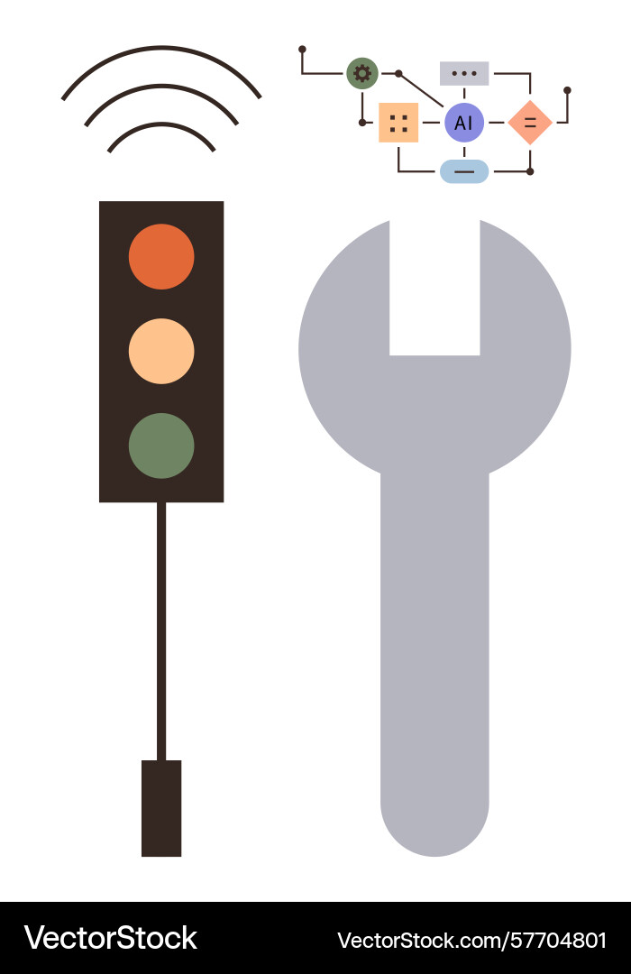 Smart traffic light with ai flowchart and wrench Smart traffic light with ai flowchart and wrench vector image