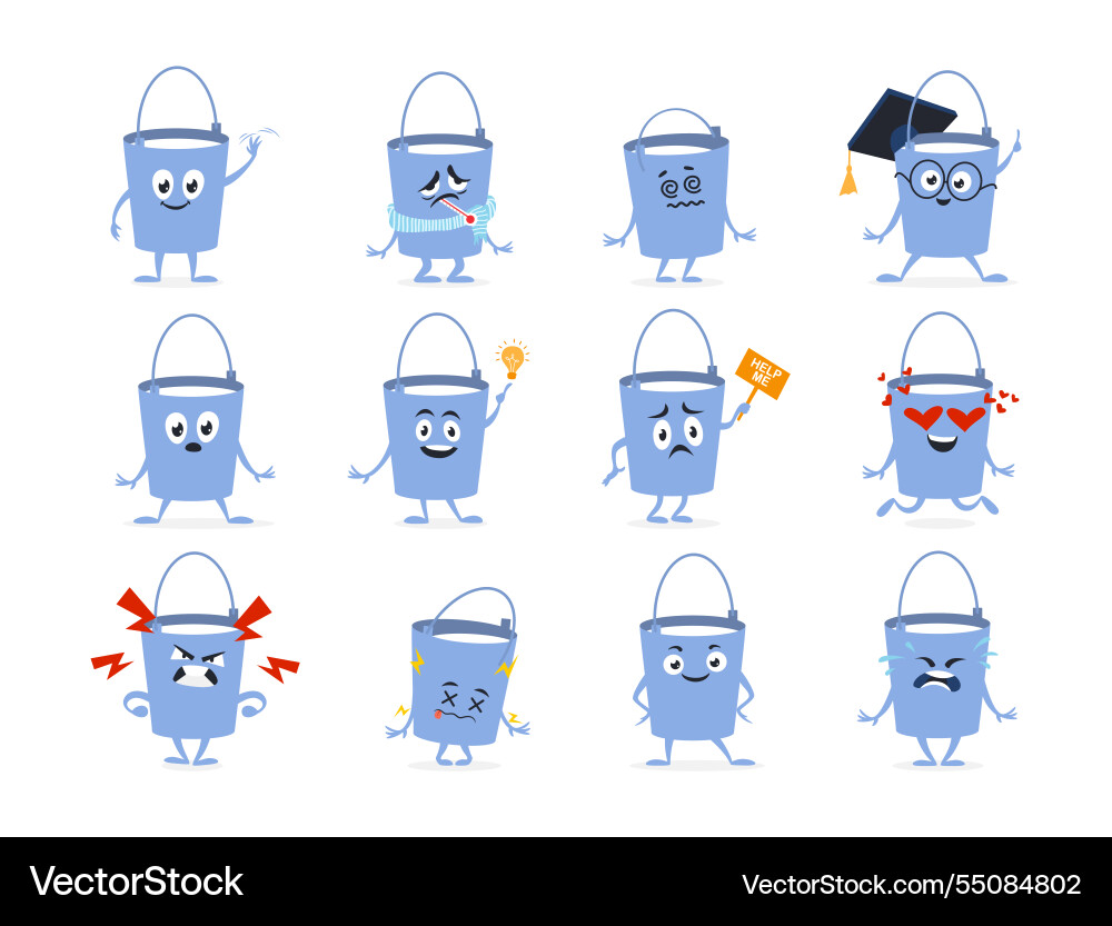 Playful bucket milk characters displaying a range Playful bucket milk characters displaying a range vector image