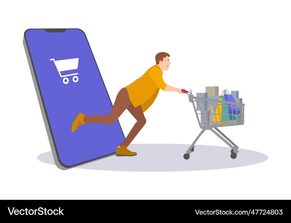 Man running with card full of purchases doing Man running with card full of purchases doing Vector Image