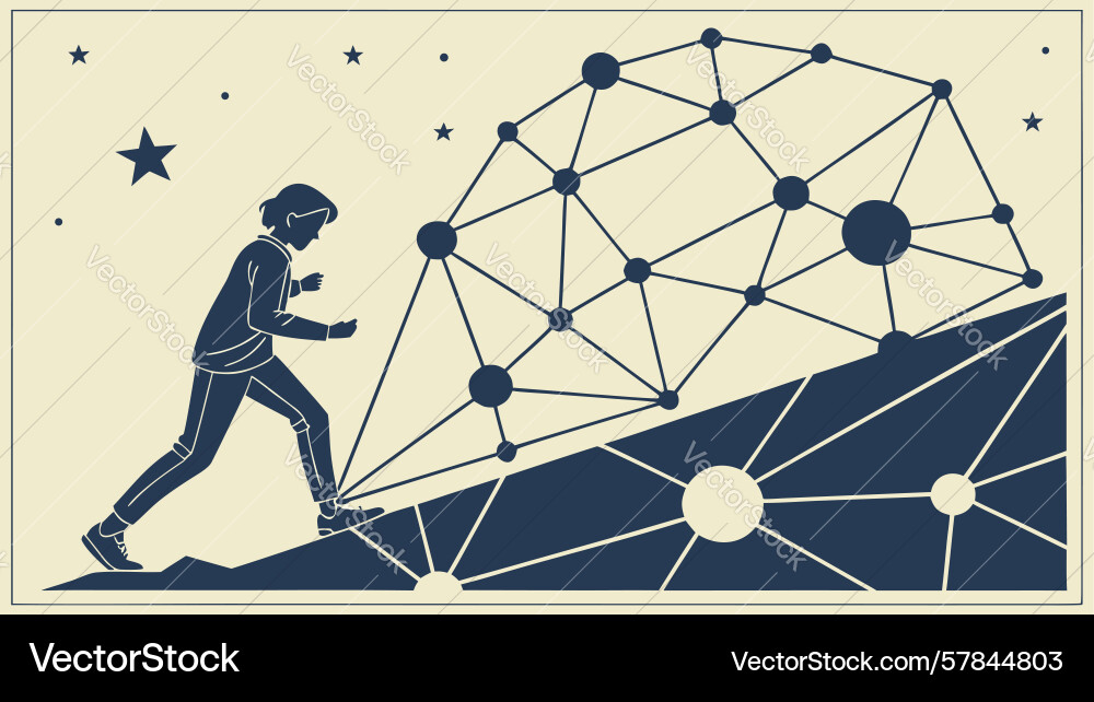 Runner on hill with abstract network lines design Vector Image