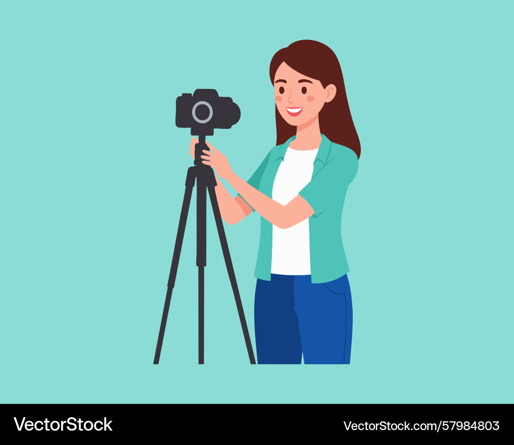Vlogger recording with tripod Vector Image