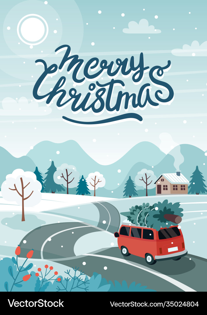 Car with christmas tree on road cute winter Car with christmas tree on road cute winter vector image