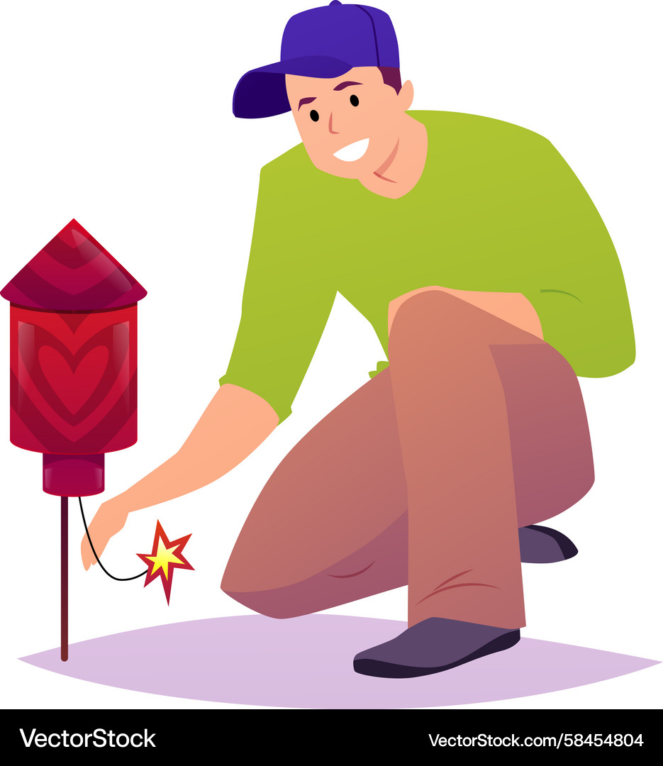 Man Lighting Firecracker Rocket Vector Image