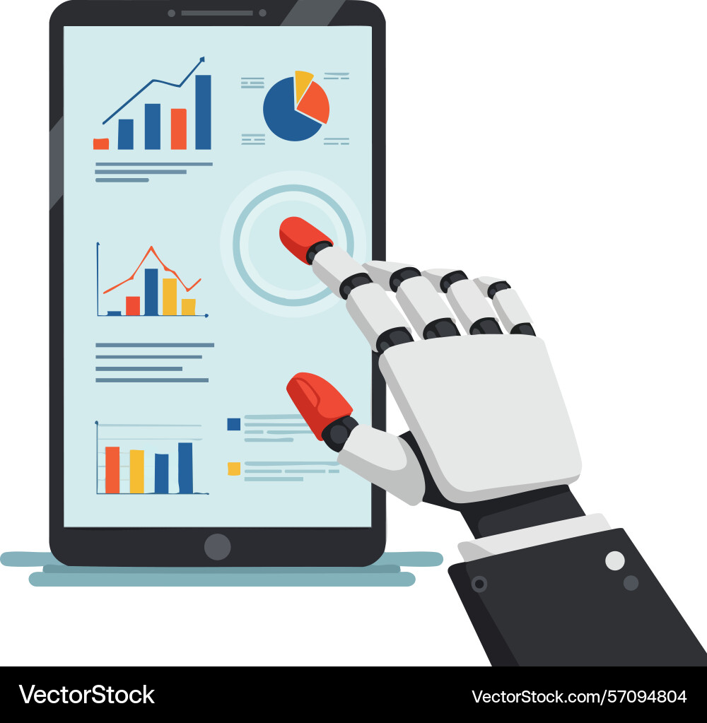 Robot hand interacting with data charts on tablet Robot hand interacting with data charts on tablet Vector Image