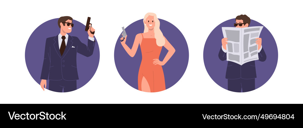 Round composition set with secret agent characters vector image