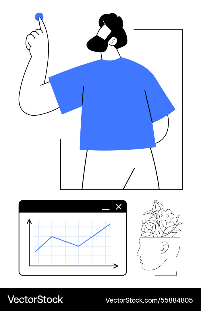 Man pointing upward with graph and blooming mind Man pointing upward with graph and blooming mind vector image