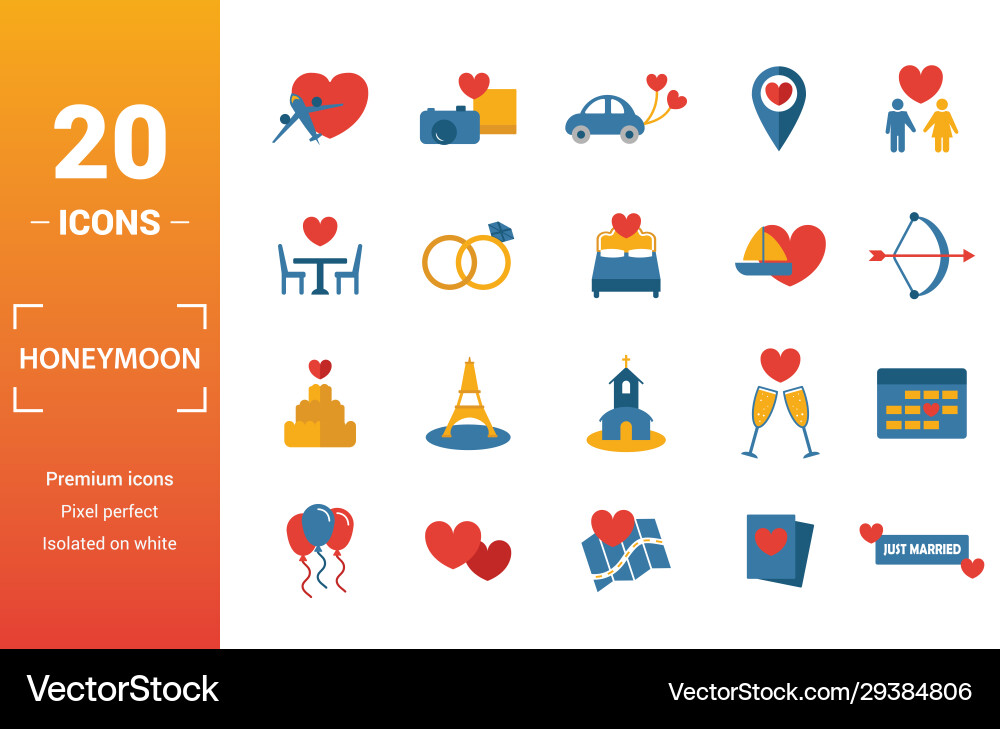 Honeymoon icon set include creative elements Honeymoon icon set include creative elements Vector Image