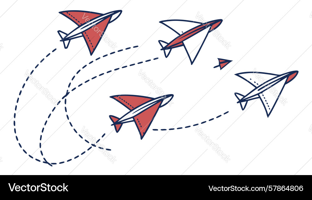 Red paper airplanes with dashed paths for dynamic vector image
