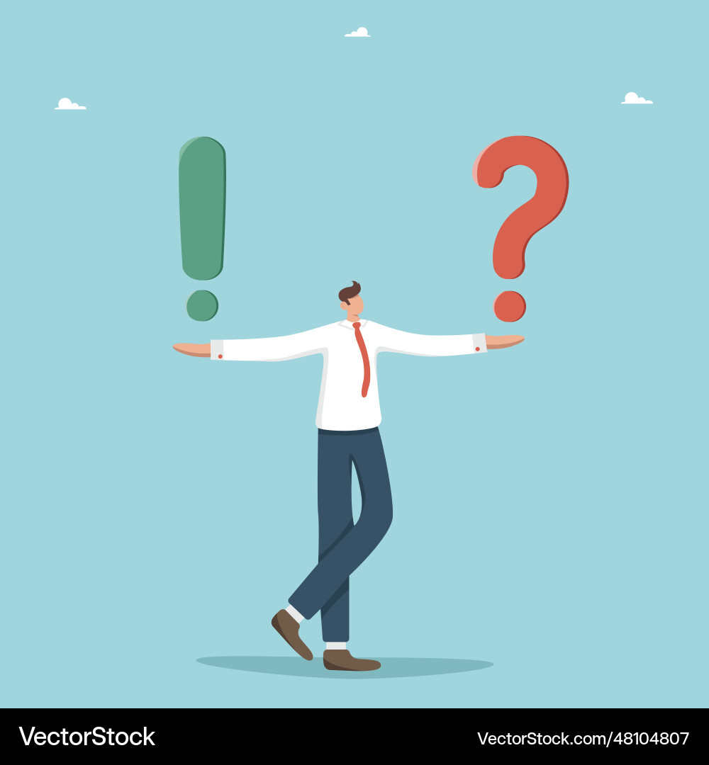 Man holds on hands exclamation and question marks Vector Image