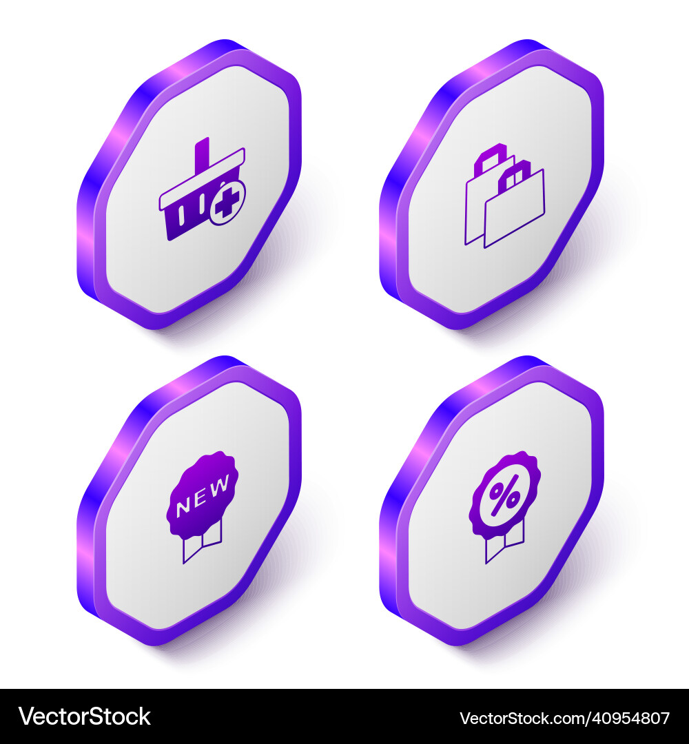 Set isometric add to shopping basket paper Vector Image