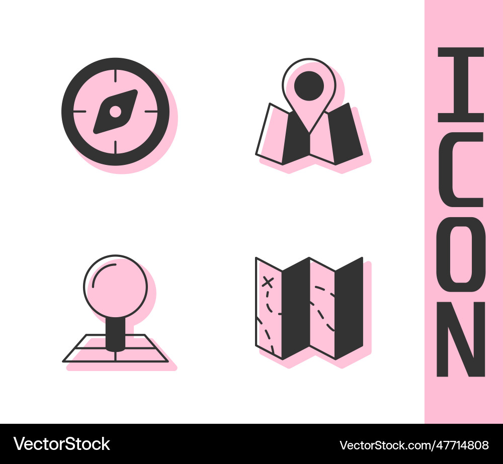 Set folded map compass with location marker Set folded map compass with location marker vector image
