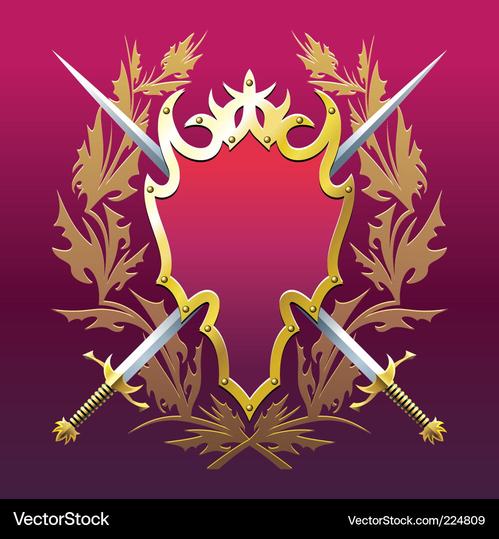 Background with cross swords badge and branches Vector Image