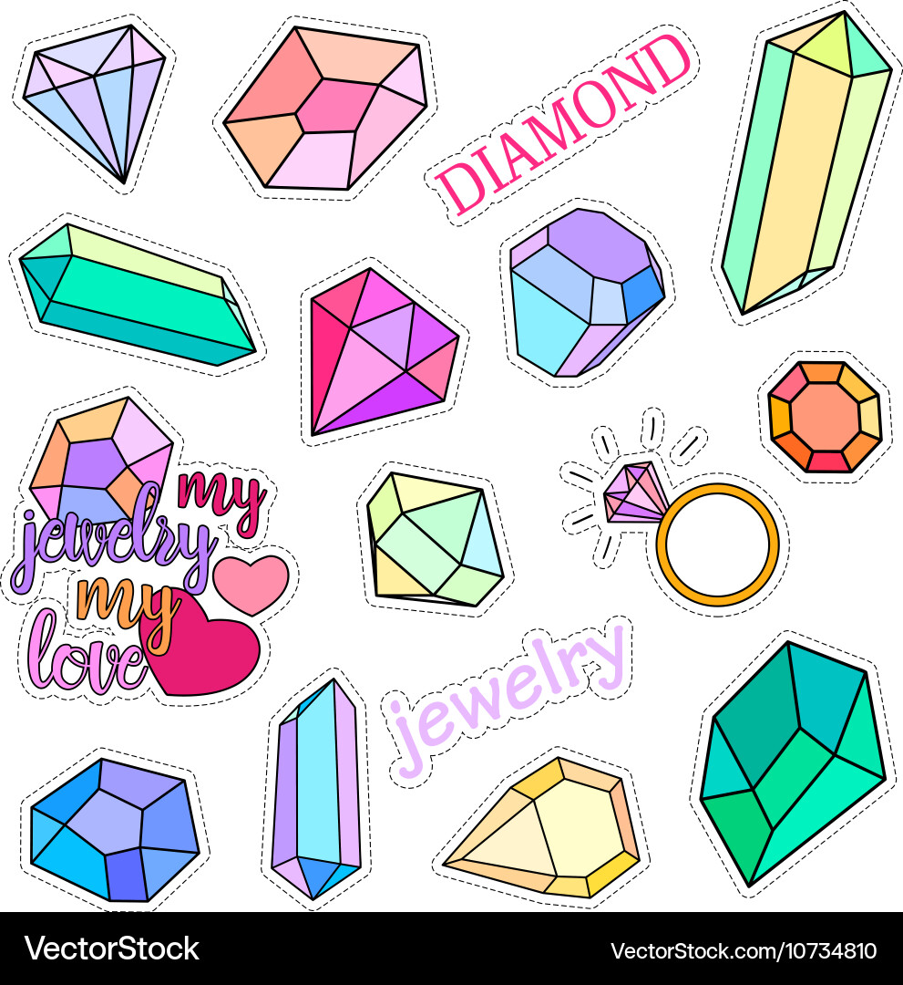 Fashion patch badges diamonds and jewelry set Vector Image