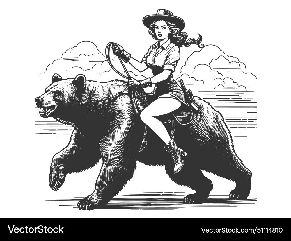 Retro Frau Reiten Bär Gravur Retro Frau Reiten Bär Gravur vektorbild