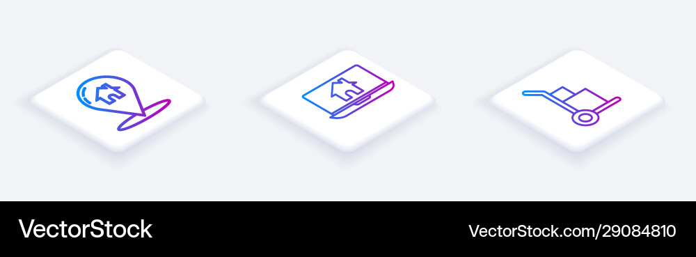 Set isometric line map pointer with house laptop Set isometric line map pointer with house laptop vector image