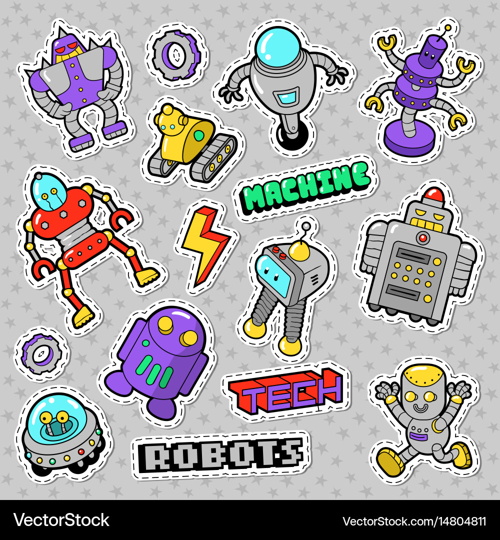 Retro Robots & Tech Doodle Vector Image