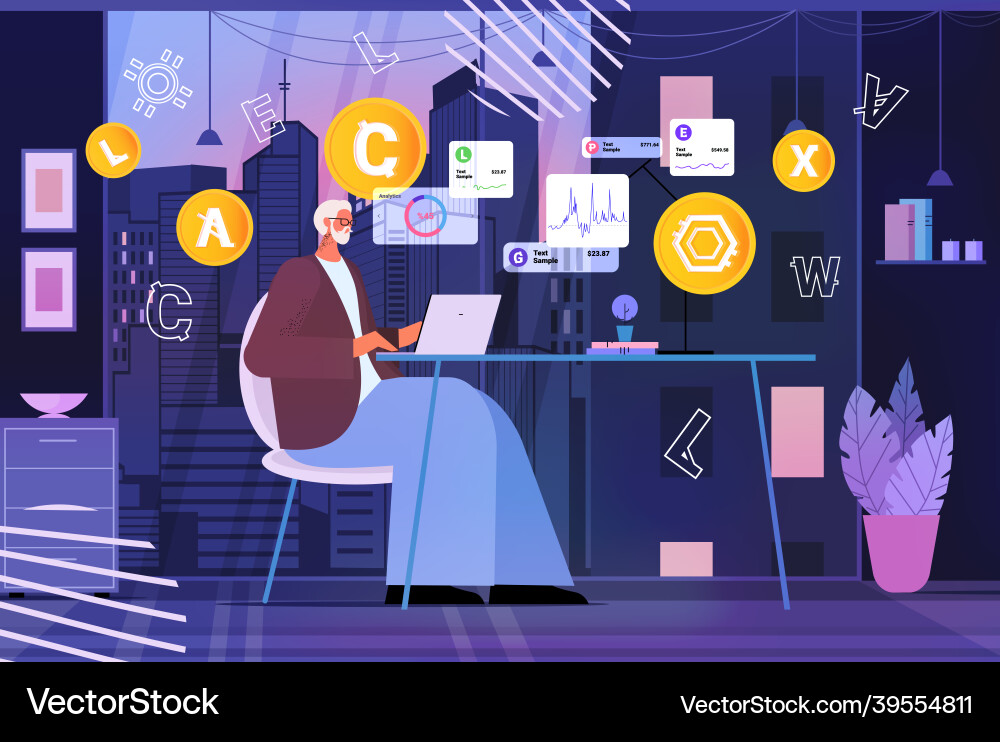Senior man using cryptocurrency mining application Senior man using cryptocurrency mining application Vector Image